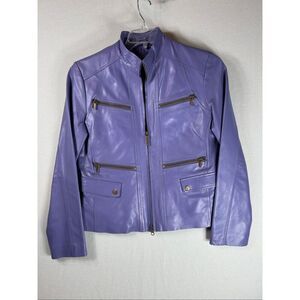 Women’s Lavender Leather Moto Jacket Zip Front Pockets Stand Collar Lined Chic M